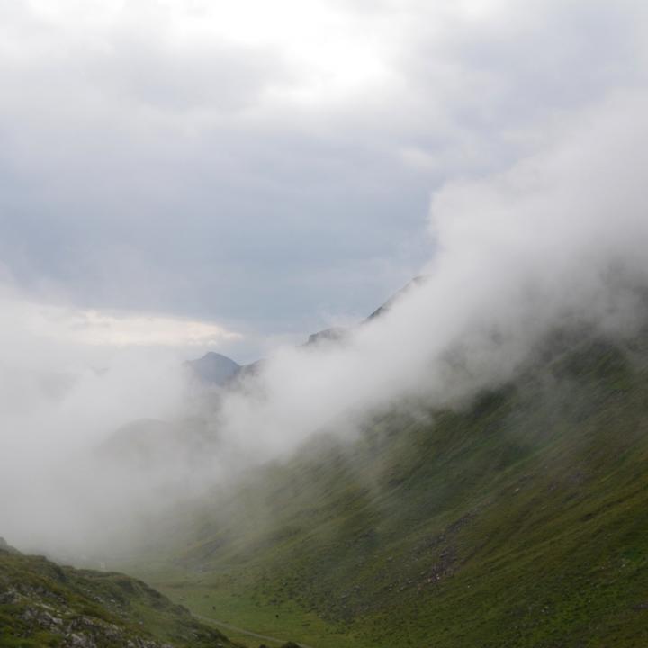 Nebel zieht über den Hang beim Henglirain